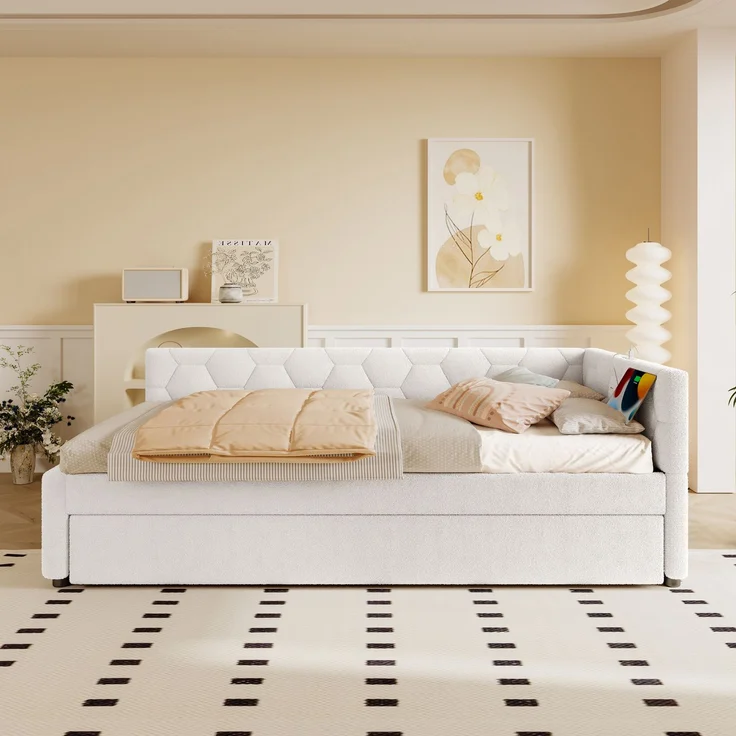 Daybett, 90*200cm Tagesbett, Schlafsofa, Bett mit Lattenrost (ohne Matratze), mit Nachttischlampe, mit multifunktionalem Ausziehbett, USB-Anschluss, Typ-C, Komfortmaterial, Boucle, Weiß – Bild 6