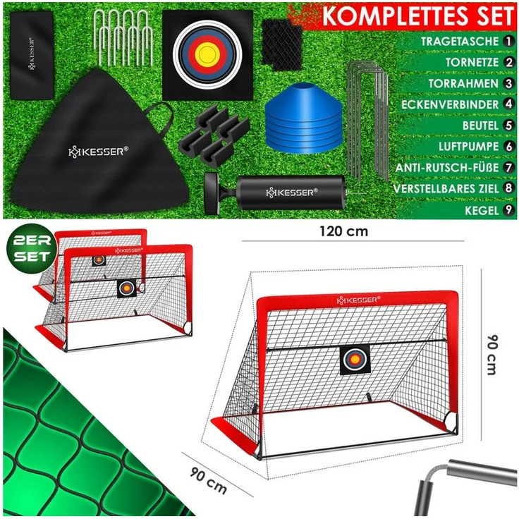 KESSER Pop-Up Fußballtor, 2er Set, mit Transporttasche, 6x Hütchen, Ballpumpe & Zielscheibe, Glasfaserstangen, Rot, 120x90 cm – Bild 3