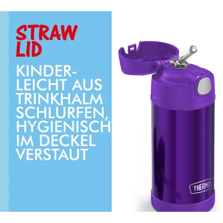 THERMOS kids FUNTAINER STRAW BOTTLE 0,35l, purple, Thermosflasche für Kinder aus Edelstahl, mit Strohhalm, 12 h kalt, absolut dicht, für Schule, Kindergarten, Pause – Bild 4
