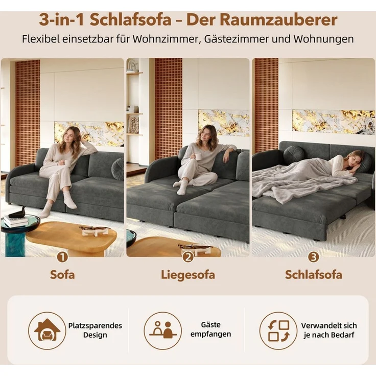 i@home 2-Sitzer 206 cm ausziehbares Sofa mit Schlaffunktion,3-in-1 Schlafsofa,Grau, mit Kissen und Stautaschen an beiden Seiten, Chenille, 206 x 84 x 90 cm – Bild 2