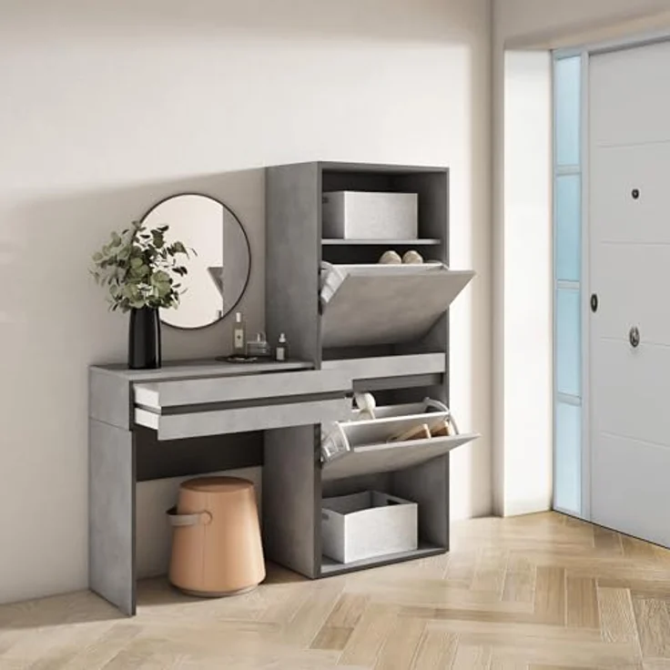 Skraut Home | Konsolentisch, Flurtisch | Beistelltisch für Eingang | 130x145x35 cm | mit Schublade | Schuhschrank | Moderner Stil | Zement – Bild 4