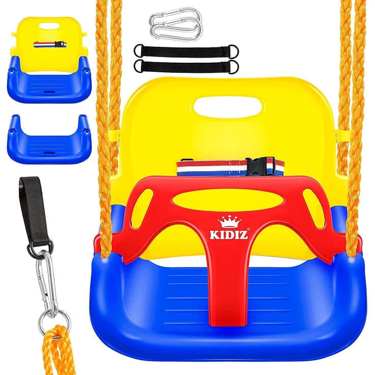KIDIZ® Babyschaukel Kinderschaukel 3 in 1 Babysitz verstellbar Mitwachsend Schaukelsitz Gartenschaukel für Baby Kinder mit Rückenlehne und Anschnallgurt belastbar bis 100kg Indoor Outdoor Gelb – Bild 1