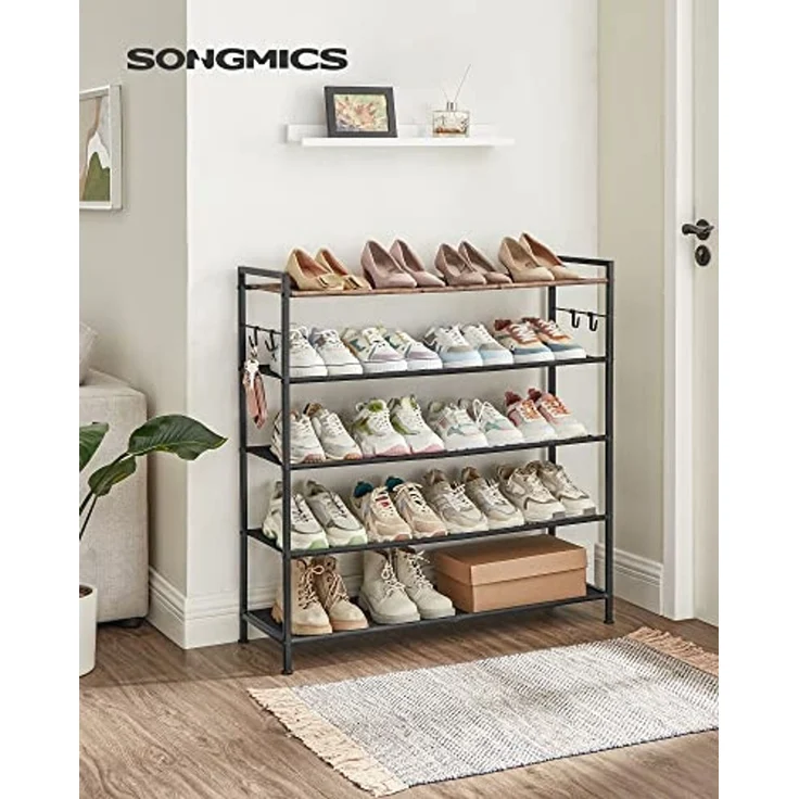 Songmics Schuhregal 5 Ebenen, Schuhablagen Metall, Ablagen aus Oxford, für 20-25 Paar Schuhe, 29 x 89 x 92,5 cm, 4 Haken, offener Schuhschrank für Flur, Schlafzimmer, vintagebraun-schwarz LMR035B01 – Bild 2