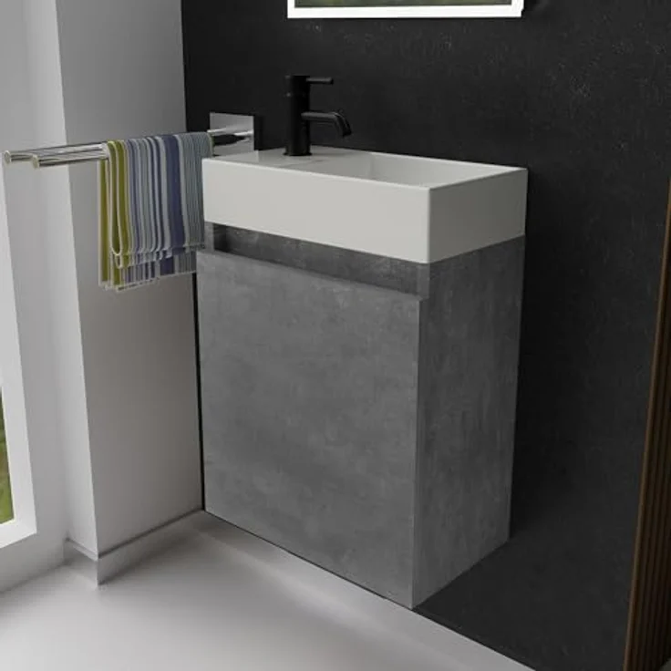 Alpenberger Badmöbel-Set Gäste WC Waschbecken mit Unterschrank - Badschrank Hängend, (Hängeschrank mit Softclose, Waschtisch mit Unterschrank Cement), Gäste WC Möbel - Kleiner Badezimmerschrank Vormontiert – Bild 2