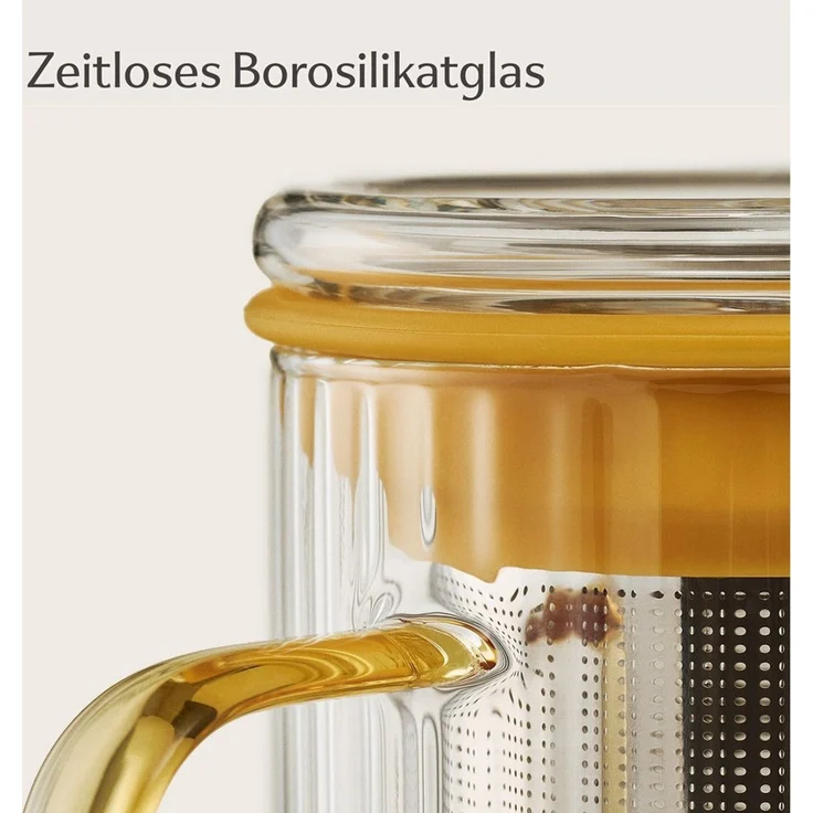 Cosumy Teeglas Teetasse mit Deckel und Sieb 450ml Gelb, 1-tlg, Borosilikatglas, Edelstahl, Kork, Edelstahlfilter – Bild 3