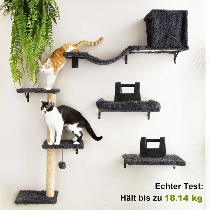 FUKUMARU Kletterwand Katzen Set, 10-teilig Katzen Kletterwand Set, aus robuster Multiplexplatte，Hängematte Katze mit Katzenhaus, Katzenbrücke, Katzenbaum, Katzentreppe bis zu 18 kg, Grau – Bild 5