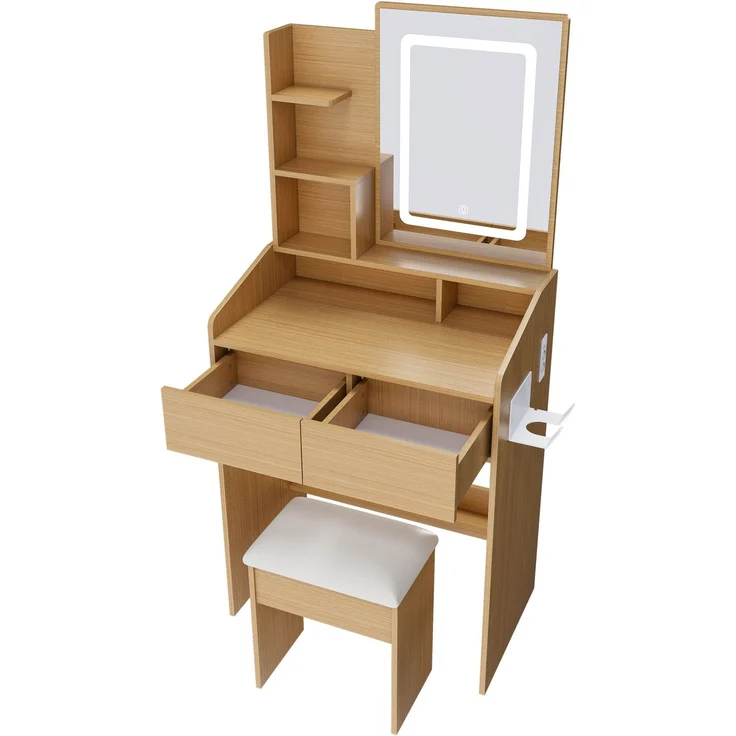 CHICFURN Schminktisch 60x130x36 cm aus MDF mit LED-Beleuchtung, Hocker und 2 Schubladen – Naturholz – Bild 8