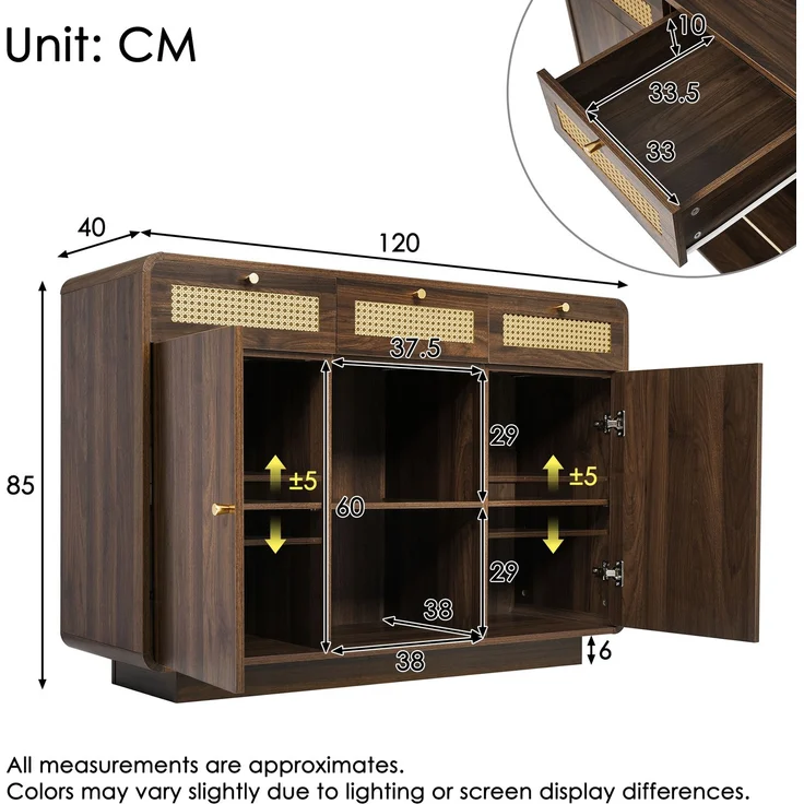 Abrihome Sideboard mit Rattan, Goldgriffen und offenem Regal, Braun, 85x40x120 cm – Bild 8