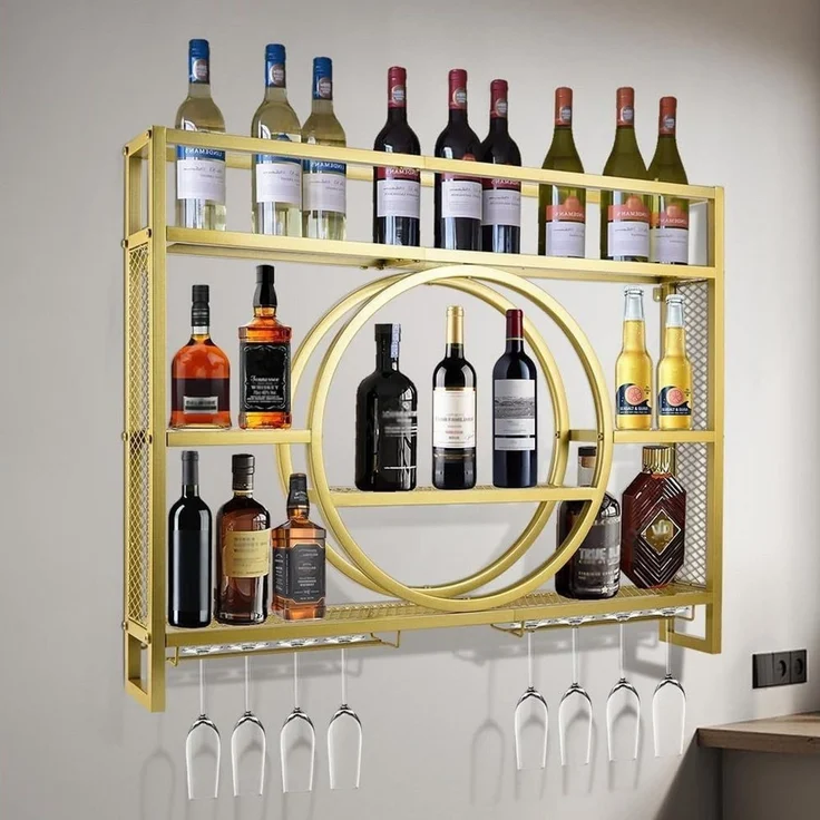 XIIW Weinregal 140 x 80 x 15 cm 3 Ebenen Wandmontage Metall Flaschenregal Weinhalter Gold, 30 Flaschen Wein, Barregal Schwebende Regal mit Weinglashalter, für Küche, Esszimmer, Bar, Deko – Bild 1