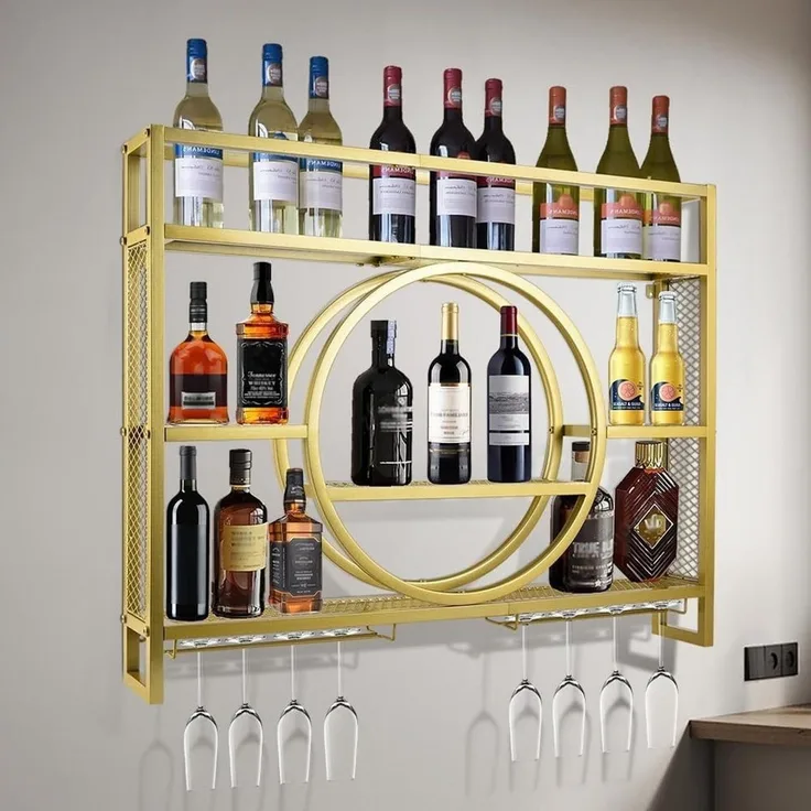 XIIW Weinregal 140 x 80 x 15 cm 3 Ebenen Wandmontage Metall Flaschenregal Weinhalter Gold, 30 Flaschen Wein, Barregal Schwebende Regal mit Weinglashalter, für Küche, Esszimmer, Bar, Deko