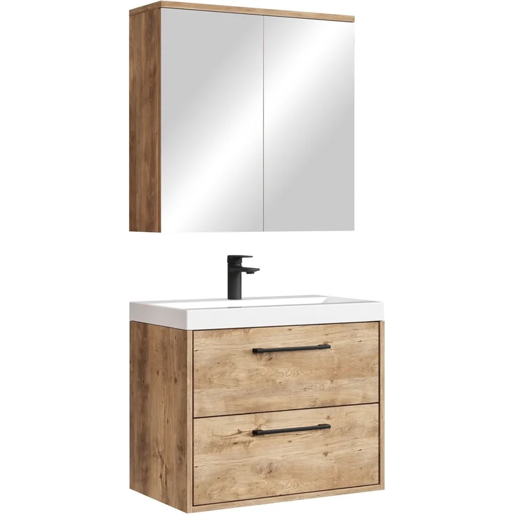 Badmöbel Komplettset Florence 60 x 35 cm Kastanie Eiche - Badezimmermöbel mit Waschbecken und Spiegelschrank – Bild 1