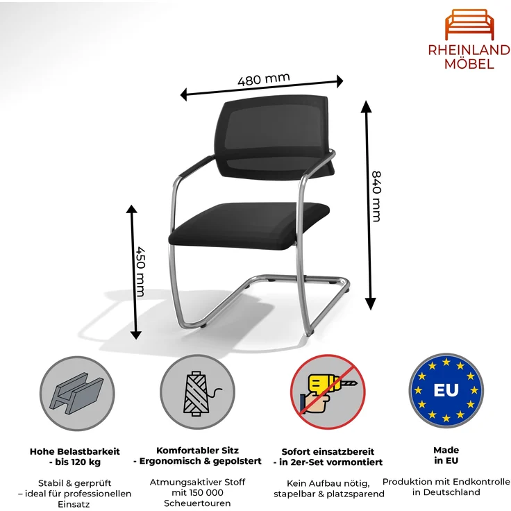 Rheinland Möbel Solido 2er Set Freischwinger mit Netzrücken – verchromtes Gestell, bis 120 kg belastbar, stapelbar, GS-geprüft, schwarz – Bild 2
