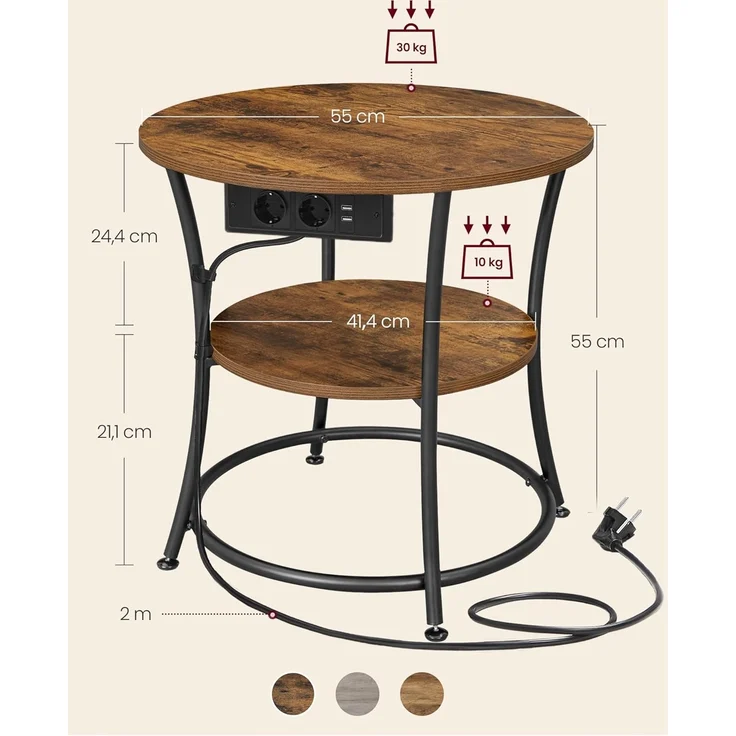 VASAGLE Beistelltisch rund, 2-stufiger Couchtisch mit Steckdosenleiste, Konsolentisch, Stahlrahmen, für kleine Räume, Wohnzimmer, Schlafzimmer, vintagebraun-tintenschwarz LET077KD01 – Bild 3