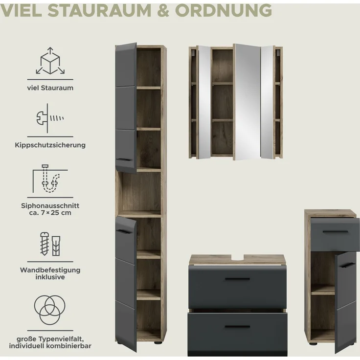 Badkombination (B/H/T: 150x185x30 cm) in schwarz matt und Nox Oak Nachbildung – Bild 9