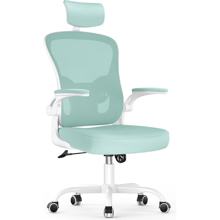 Botifly Ergonomischer Bürostuhl mit Kopfstütze, Mesh-Gewebe, Mintgrün, 90°-120° Wippfunktion, 10 cm Höhenverstellbar, 52 x 26 x 57 cm – Bild 1