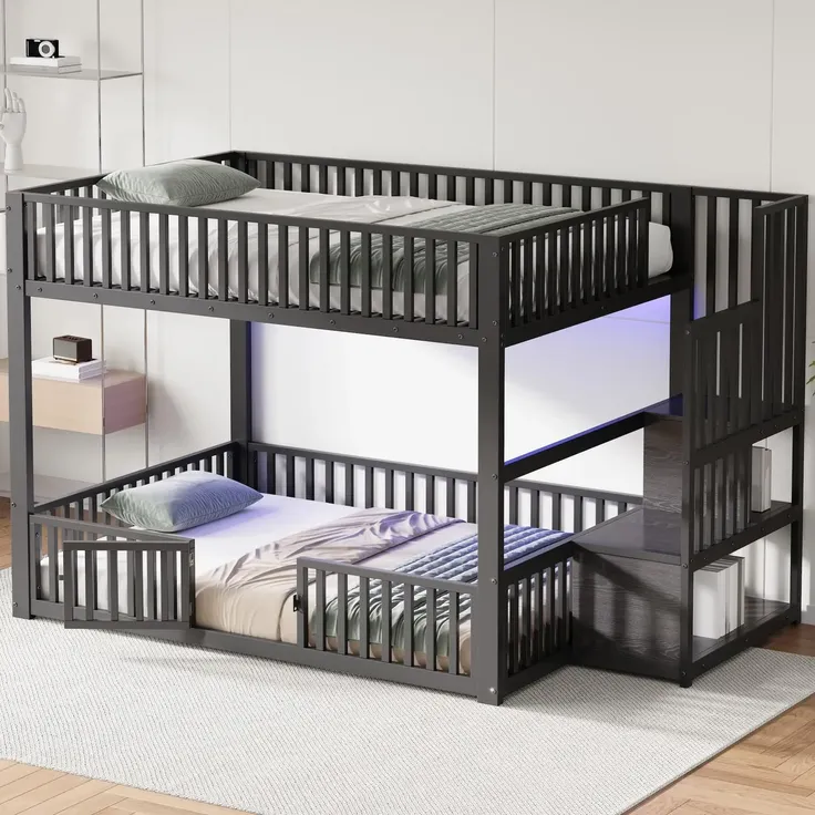 Etagenbett mit 1 Lattenrost, RGB LED-Streifen, Rausfallschutz und Tür, Treppe mit Regal, 140x200 cm, Kinderbett, Metallbett