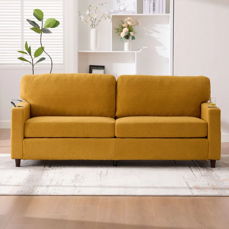 Zweisitzer Chenille-Sofa 203x77,5x86 cm – USB-C, LED-Ambiente und Getränkehalter in Senfgelb – Bild 3
