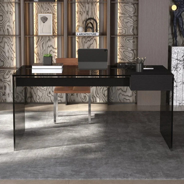 oleyluckidea Schreibtisch Schreibtisch mit Schubladen aus Sicherheitsglas stoßfest Schwarz (Set, ein Tisch), Breite 135 cm – Bild 2