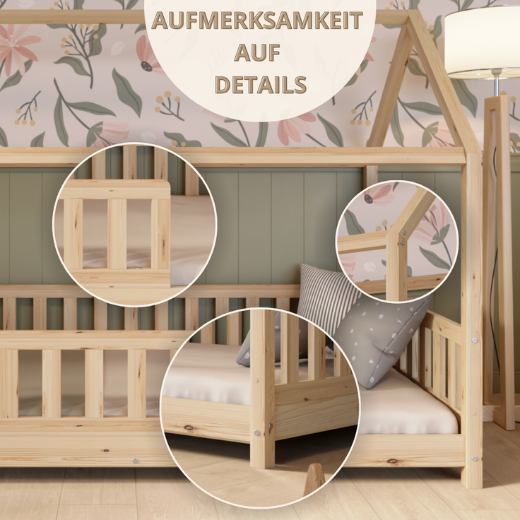Crazy Pine 'Crazy Blanco' Hausbett mit Rausfallschutz, Skandinavisches Design, Naturholz, Natur, 90x200 cm, mit Höhenverstellbaren Beinen – Bild 9