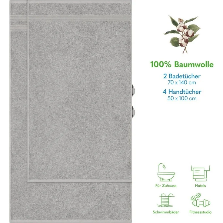 Hammetex 6 teiliges Handtuch Set, 100% Baumwolle Weich Saugstark Qualität Handtücher Set, 2 Badetücher 70x140 cm, 4 Handtücher 50x100 cm, Hellgrau – Bild 2