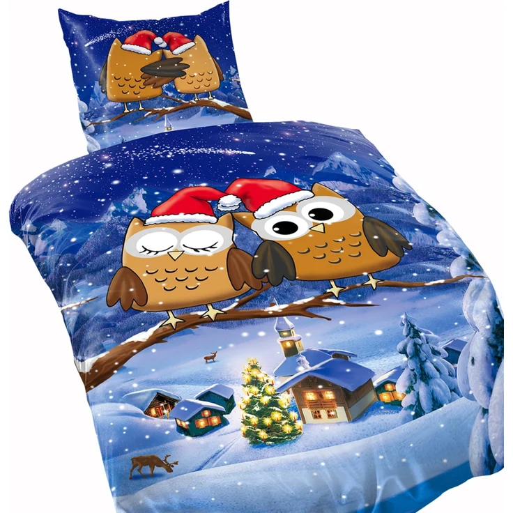 Fleece Bettwäsche Weihnachtsmotiv mit Eulen 135x200 cm Deckenbezug, 80x80 cm Kissenbezug – Bild 2