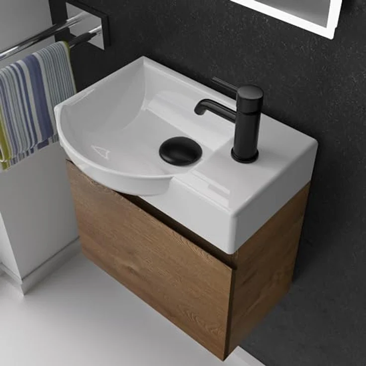 Alpenberger Badmöbel-Set - Gäste WC Waschbecken mit Unterschrank 45 cm Breit, (Badschrank 2-tlg, Waschtisch hängend), Waschbeckenunterschrank mit Softclose - Farbe Eiche - Links Becken – Bild 4
