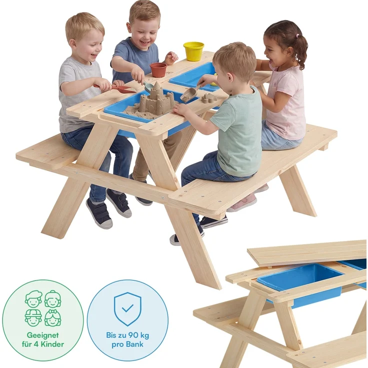 Bellabino 'Inny' Sitzgarnitur für Kinder, Kiefer massiv, natur unbehandelt, 50x89x80 cm, Kindersitzgarnitur für 4 Personen, Matschtisch mit 2 Wannen, ab 2 Jahren – Bild 2