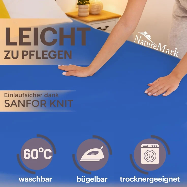 NatureMark Jersey Spannbettlaken, Spannbetttuch 100% Baumwolle in vielen Größen und Farben MARKENQUALITÄT ÖKOTEX Standard 100 | 200x220 cm +40 Steg - royal blau – Bild 4