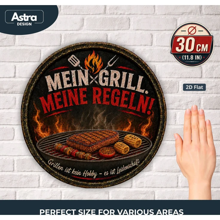 AstraDesign Blechschild Rund 30cm - Mein Grill Meine Regeln BBQ Grillmeister Deko – Metall – Mehrfarbig – RD0010 – Bild 3