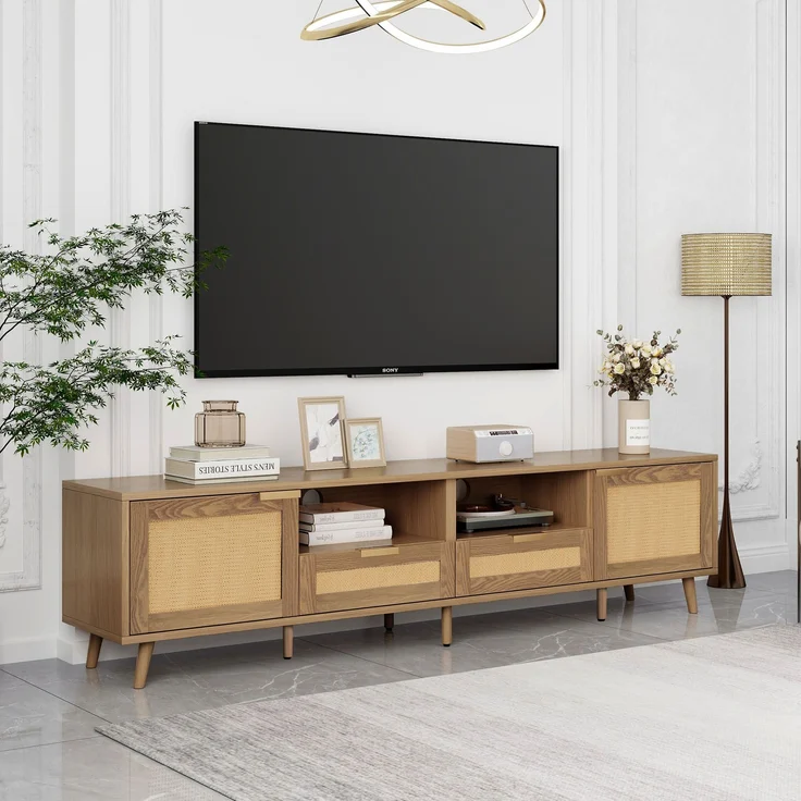 TV-Schrank, Rattan-Design, mit 2 Türen, 2 Schubladen & höhenverstellbaren Füßen, 200x37x49 cm, Eiche – Bild 3