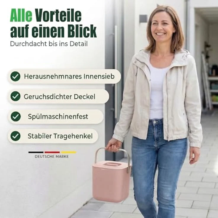 YourCasa Biomülleimer Küche - 4L - Komposteimer für alltäglichen Biomüll Behälter - Spülmaschinenfest - Geruchsdicht - Sieb - Bio Mülleimer klein mit Deckel Eimer Bioabfallbehälter Biotonne (4L Rosa) – Bild 5