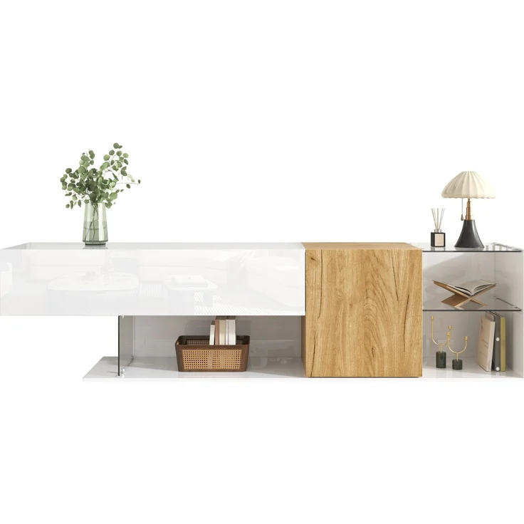 TV-Schrank 180 cm in Weiß Hochglanz mit Holzoptik, Lowboard mit Türen und Glasregalen – Bild 10