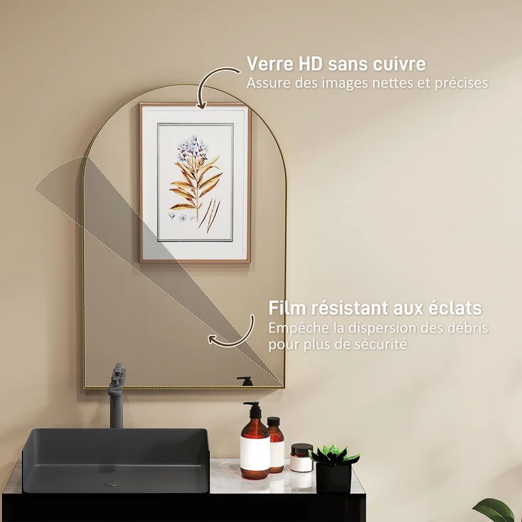 Gewölbter Wandspiegel, Badezimmerspiegel mit Rahmen aus Aluminiumlegierung für Schlafzimmer, Wohnzimmer, Flur, 60 × 90 cm, gold – Bild 7
