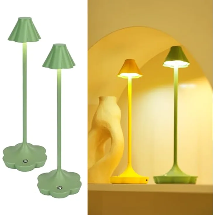 LuminexDesigns LUNO TL18 2ER Blumen-Design Touch Nachttischlampe Kabellos, IP54 Spritzwassergeschützt, Wiederaufladbare LED Tischlampe, Dekorative Tischleuchte für Schlafzimmer, Wohnzimmer-Salbeigrün