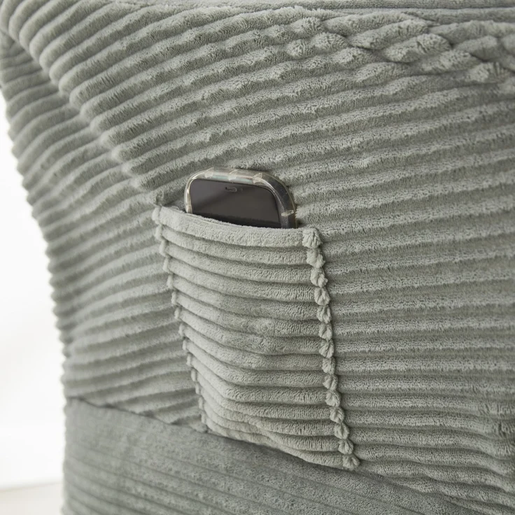 Flieks Loungesessel mit Hocker, ergonomischer Ohrensessel mit Stahlrahmen, weicher Cordstoff, Seitentasche, graugrün – Bild 8