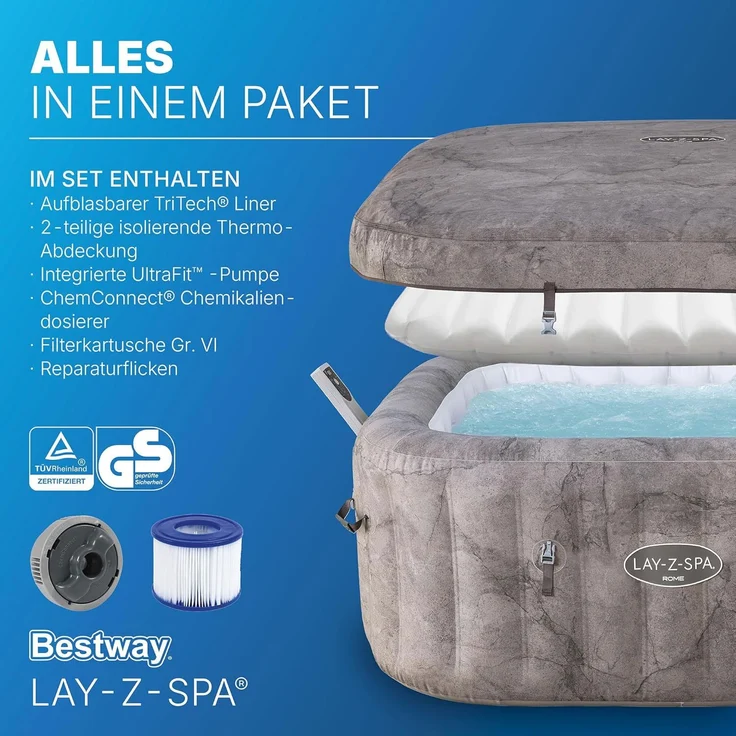 Bestway 6001K LAY-Z-SPA Whirlpool Rome Energiespar AirJet mit App-Steuerung, für 6 Personen, 180 x 180 x 71 cm, Marmor-Optik (Braun) – Bild 9
