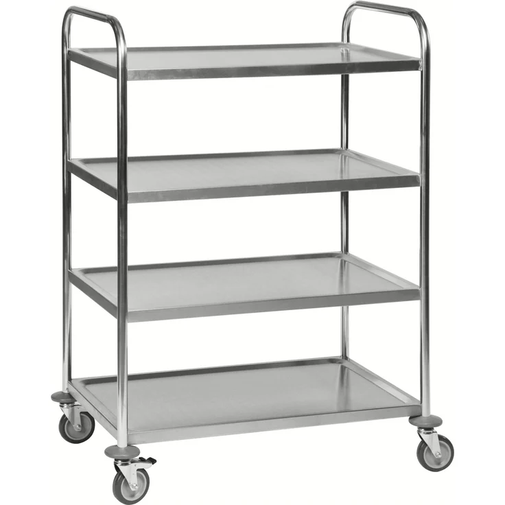 Kongamek Edelstahl- Tischwagen rostfrei mit 4 Böden 825x500mm mit Polyurethanbereifung und Bremse