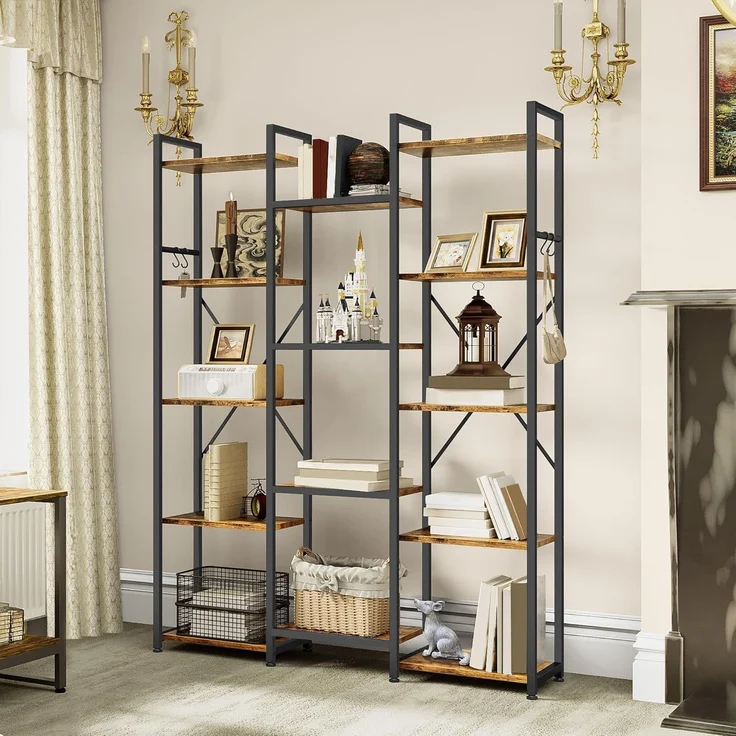 YITAHOME Industrielles Bücherregal 135 cm breit, Stehend Offen Aus Holz Und Metallrahmen Mit 14 Regalen, Präsentationsregal Für Wohnzimmer, Heimbüro, Vintagebraun – Bild 5