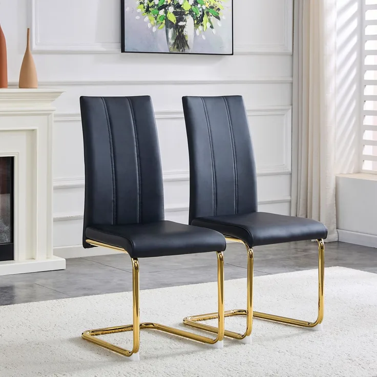 Esszimmerstuhl H 99 x T 54.5 x B 43 cm aus PU-Leder und Metall, ergonomisch, Schwarz/Gold, 2 Stuhl