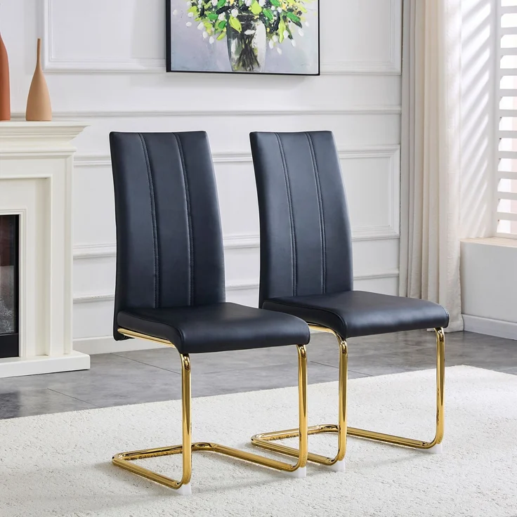 Esszimmerstuhl H 99 x T 54.5 x B 43 cm aus PU-Leder und Metall, ergonomisch, Schwarz/Gold, 2 Stuhl – Bild 1