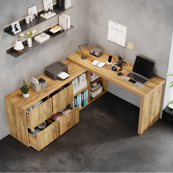 Drehbarer Schreibtisch aus MDF mit 8 Staufächern, 120x48x78 cm, Eichenoptik – Bild 2