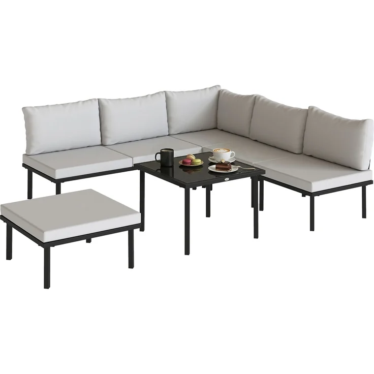 Wohnora-Modulare Eck-Gartenlounge für 6 Personen, Couchtisch mit Tischplatte aus gehärtetem Glas, hellgrau,H 64cm x T 116cm x B 605cm – Bild 1