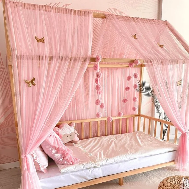 Baby Fancyroom Betthimmel Betthimmel Tüll Hausbett Kinderbett 2 Stück 340cm 380cm Montessori (3-tlg. Set mit 2 Stück Betthimmel und einer 20er Pomponkette, Baldachin, Kinder Betthimmel, Moskitonetz Baldachin Himmel Deko Set), Betthimmel für Hausbett Mo... – Bild 4