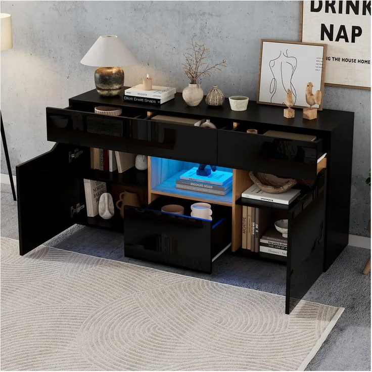 Merax Sideboard hochglanz Anrichte mit LED, Buffetschrank in Weiß/Schwarz & Holzoptik, 4 Schubladen, 2 Schränke, halboffenes Fach, 140x40x70cm