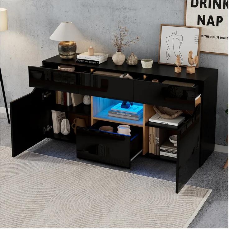 Merax Sideboard hochglanz Anrichte mit LED, Buffetschrank in Weiß/Schwarz & Holzoptik, 4 Schubladen, 2 Schränke, halboffenes Fach, 140x40x70cm