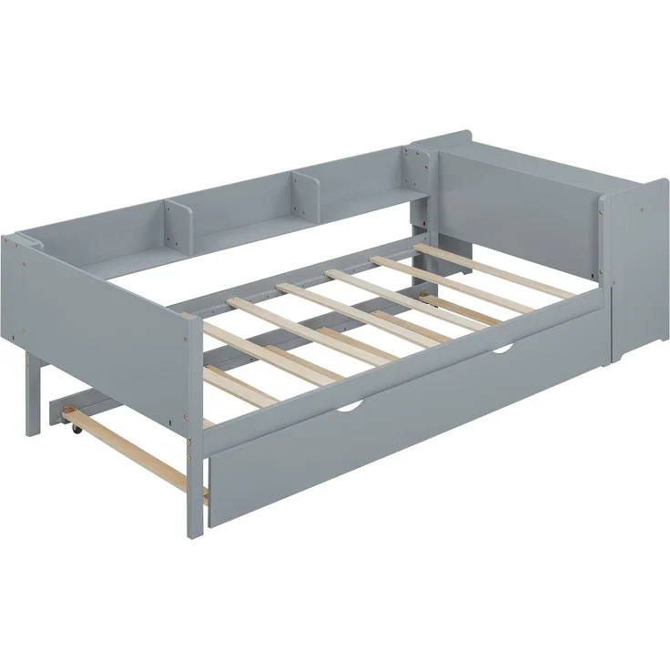 90×200 cm Flachbett, mit ausziehbarem Rollbett, integriertem Schreibtisch + drei Seitenregale, Kiefer massiv + MDF, Grau, ohne Matratze – Bild 8