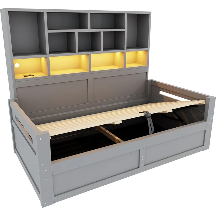 Schlafsofa aus Holz, 90 x 200 cm, Multifunktionaler Stauraum mit LED-Beleuchtung, Hydraulisches Staufach, Einzelbett, Jugendbettgestell mit Steckdosen, Grau – Bild 9