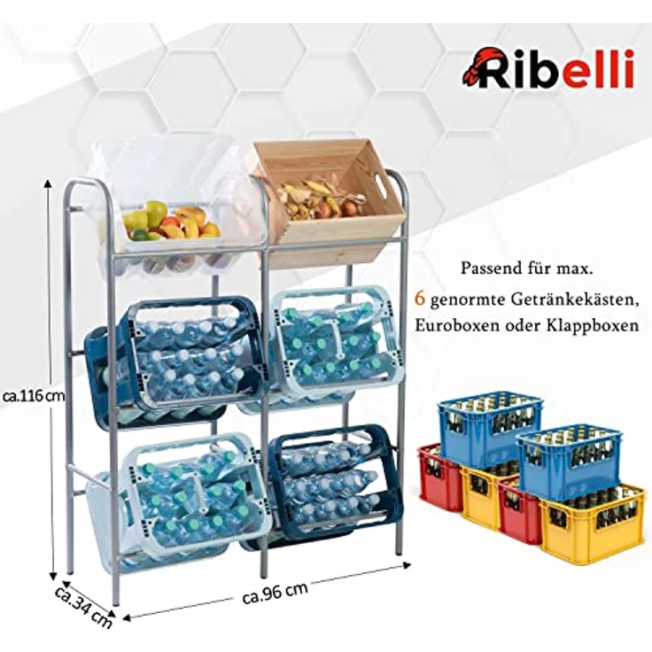 Ribelli Flaschenkastenregal für genormte Getränkekisten,Euroboxen o. Klappboxen - Getränkekistenregal aus grau lackiertem Stahlrohrgestell - Anzahl Kisten (6 Kisten grau) – Bild 4
