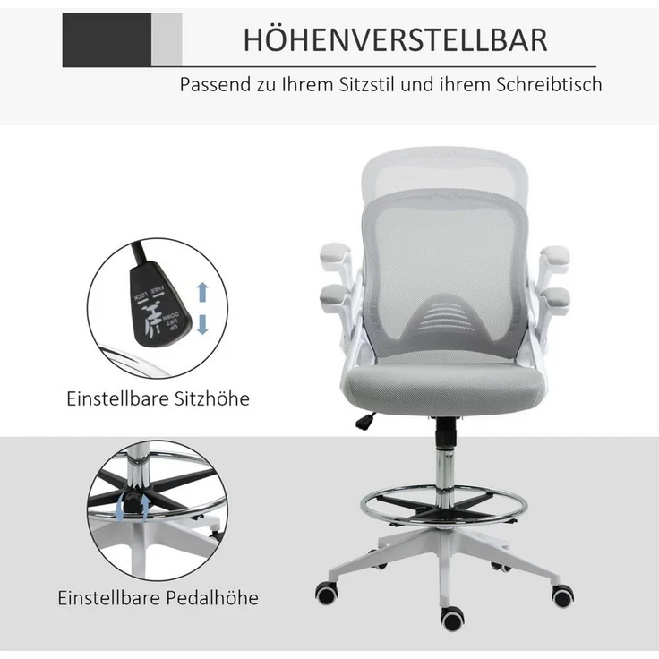 Vinsetto Schreibtischstuhl Ergonomischer Mesh-Zeichenstuhl mit Rollen (höhenverstellbarer Drehstuhl mit verstellbarem Fußring, 1 St), Arbeitsstuhl für Zuhause, Hellgrau – Bild 3