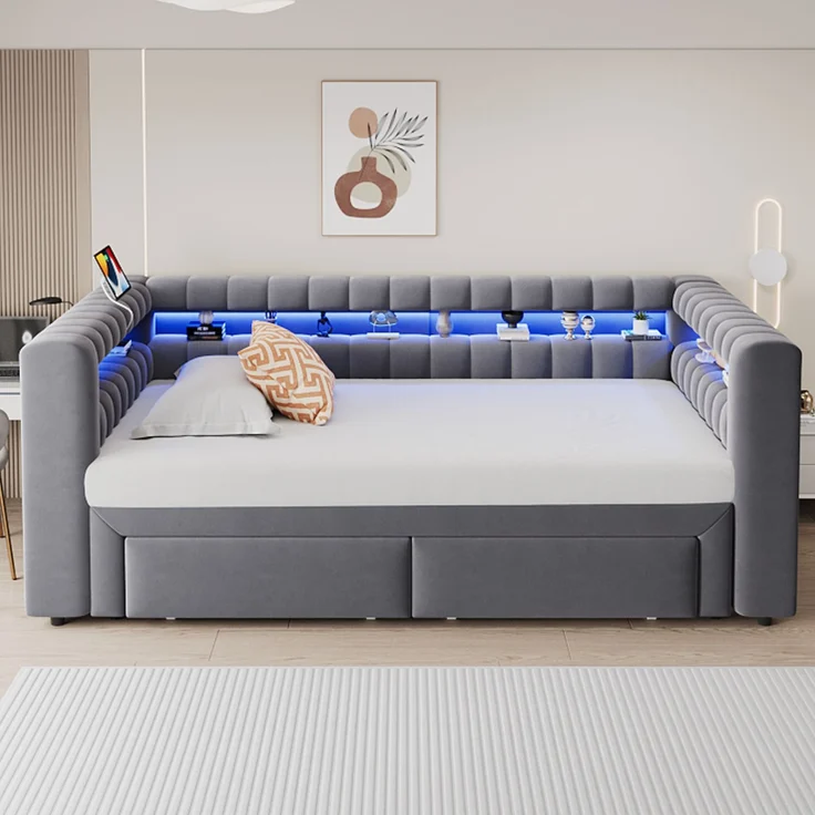 Ausziehbett 90/180×190 cm mit Bettkasten, LED, USB-Anschluss, Grau, ohne Matratze – Bild 4